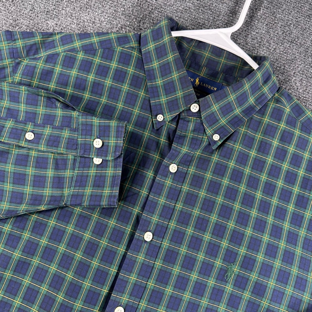 Ralph Lauren Button Down Mens 17 32-33 Blue Green Plaid Classic Fit Cotton Shirt